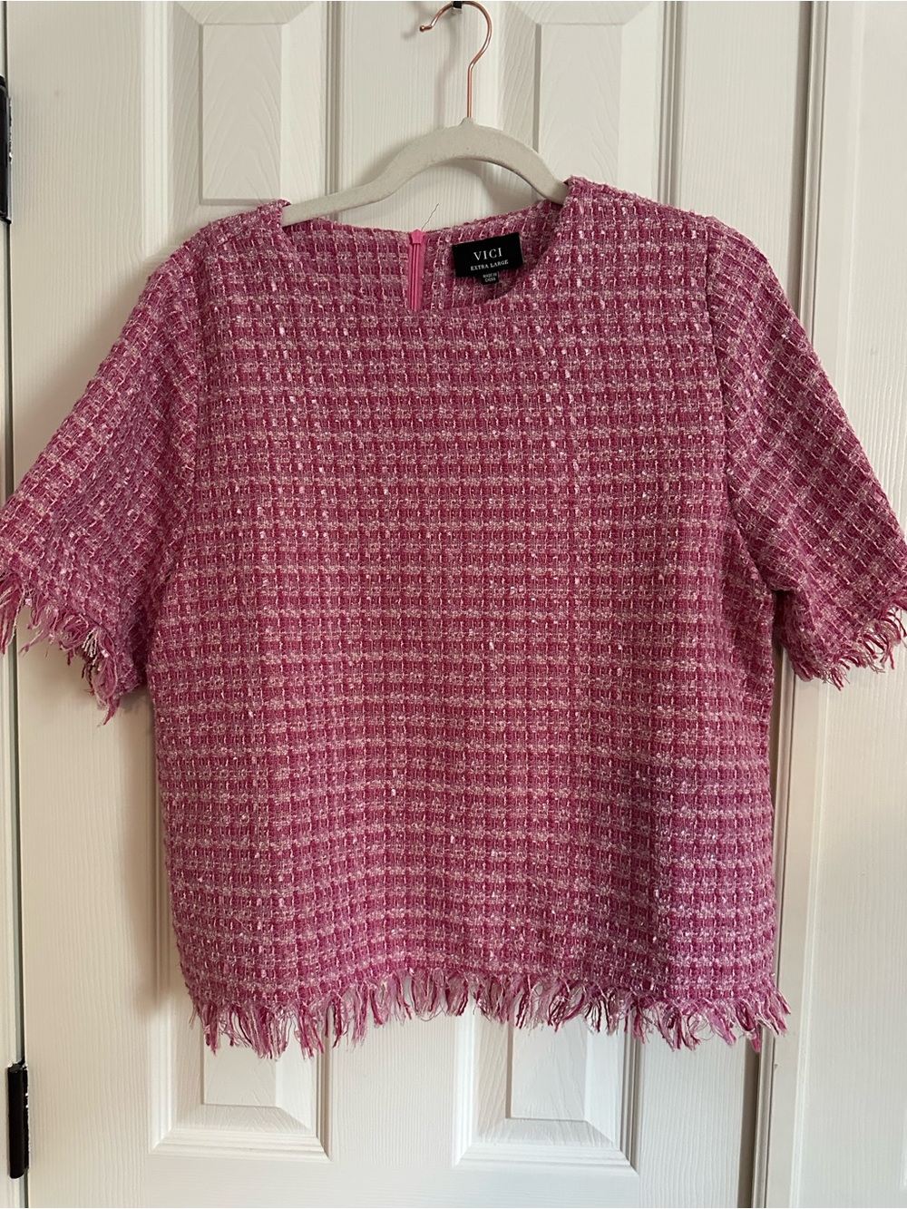 VICI Pink Tweed Fringe Boxy Short Sleeve Top
